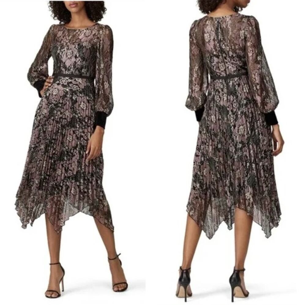 Nissa Floral Asymmetric Hem Metallic Lace Pleated Dress Black Gold Womens US 2
